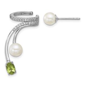 925 Sterling Silver CZ, FWC Pearl & .49ct Peridot Post & Cuff Asymmetric Earring
